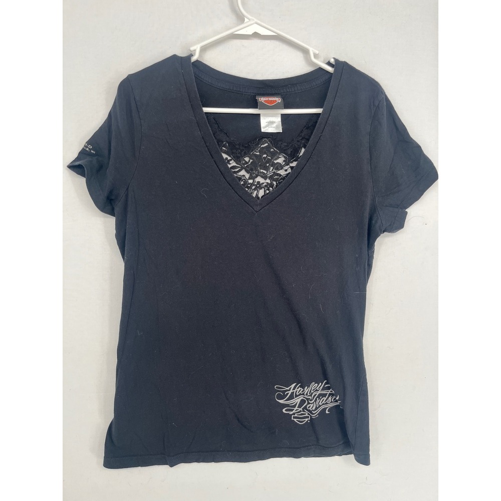 Harley-Davidson Womens Lace V-Neck Graphic T-Shirt Black Wing Back Size Large